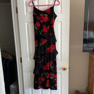 BCX Black Slip Midi Dress with Red Rose Print